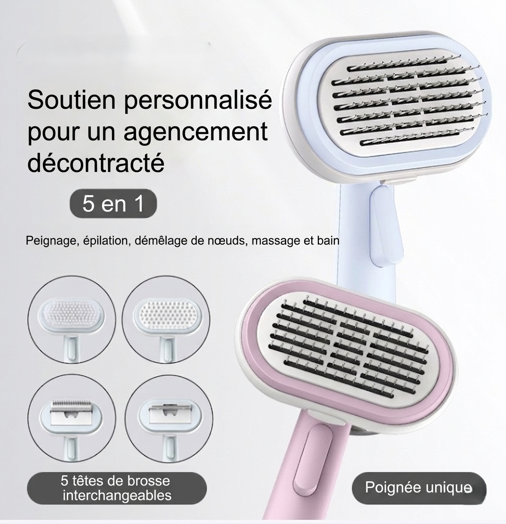 Brosse de toilettage chat 5-en-1 — 5 têtes interchangeables pour peignage, épilation, démêlage, massage et bain, poignée unique ergonomique