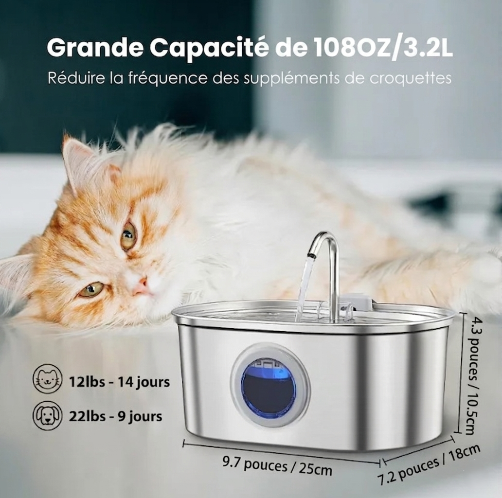 Fontaine à eau pour chat en acier inoxydable — circulation continue, eau fraîche et filtrée 24h/24