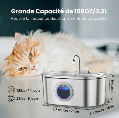 Fontaine à eau pour chat en acier inoxydable — circulation continue, eau fraîche et filtrée 24h/24