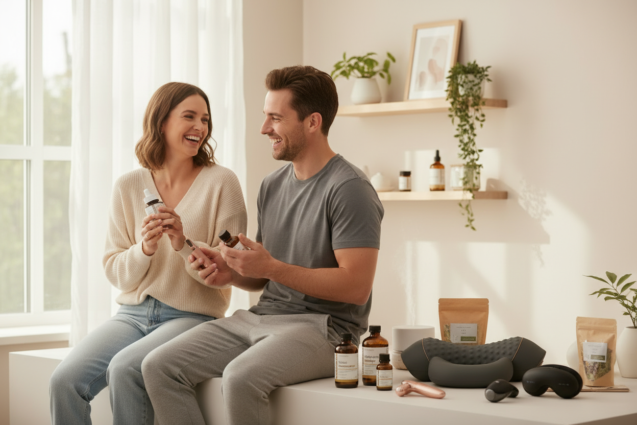 Pareja con productos de belleza, salud y almohada cervical Wellora